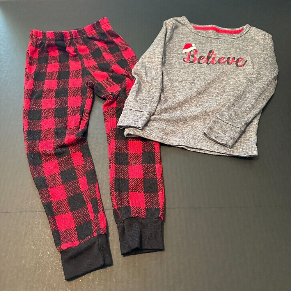 PJ Essentials Sleepwear "Believe" Christmas Gray/Red Plaid Pajama Set. Youth 4T